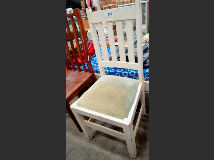 WHITE PAINTED DINING CHAIR WITH GREEN SEAT