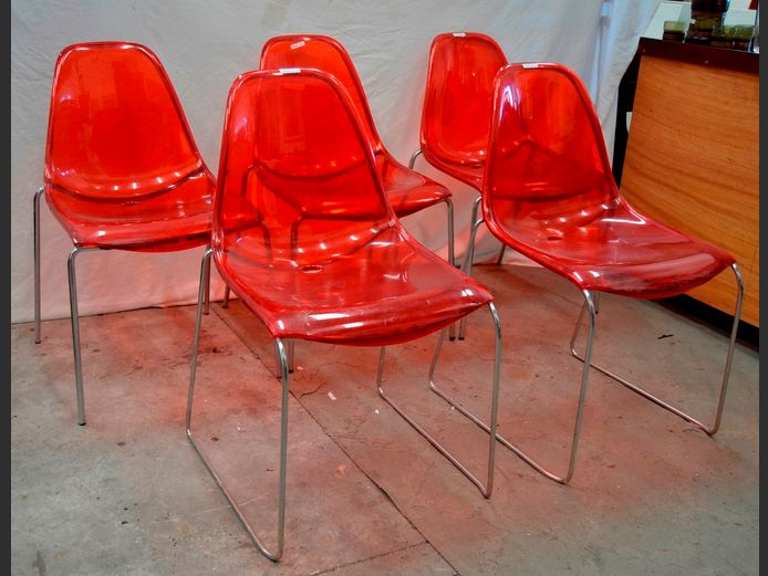 LOT OF 5: RED PLASTIC & CHROME CHAIRS [Plastic cracked]