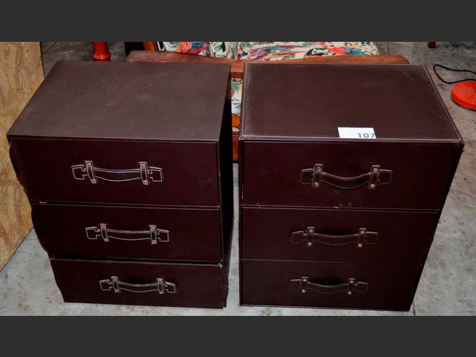 PAIR BROWN LEATHER TOUCH 3-DRAWER PEDESTALS, 44 x 32 x 55cm [Leather touch needs tacking in places]