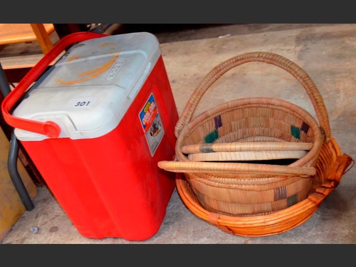 LOT: WOVEN BASKETS & A RED ADDIS COOLER BOX