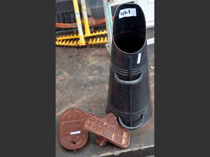 VINTAGE COAL SCUTTLE, VINTAGE CAST IRON METER COVER & CABLE INDICATOR COVER