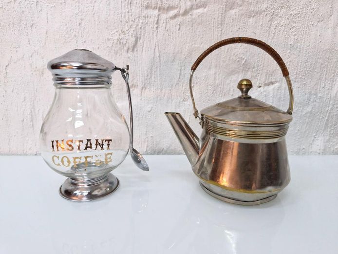 Vintage "Instant Coffee" Glass Jar & Brass-Trimmed Teapot Set