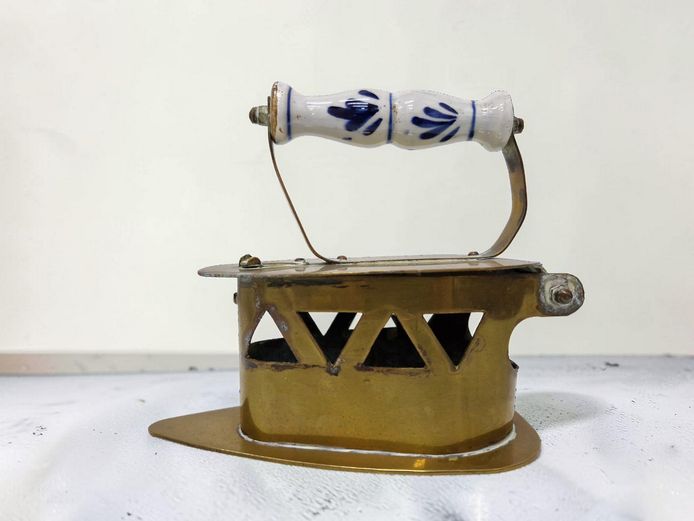 Antique Brass Charcoal Box Iron with Delft-Style Porcelain Handle