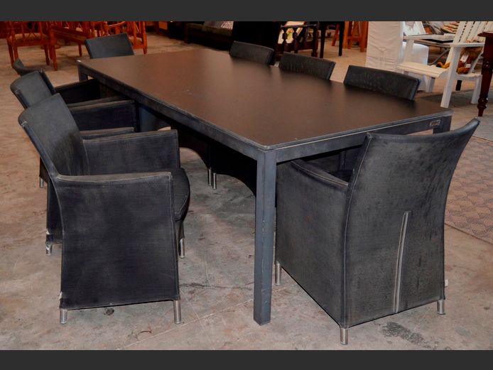 JATI & KEBOL ALUMINIUM DINING TABLE WITH 8 MATCHING CHAIRS, 220 x 101 x 76cm [Chairs sun bleached]