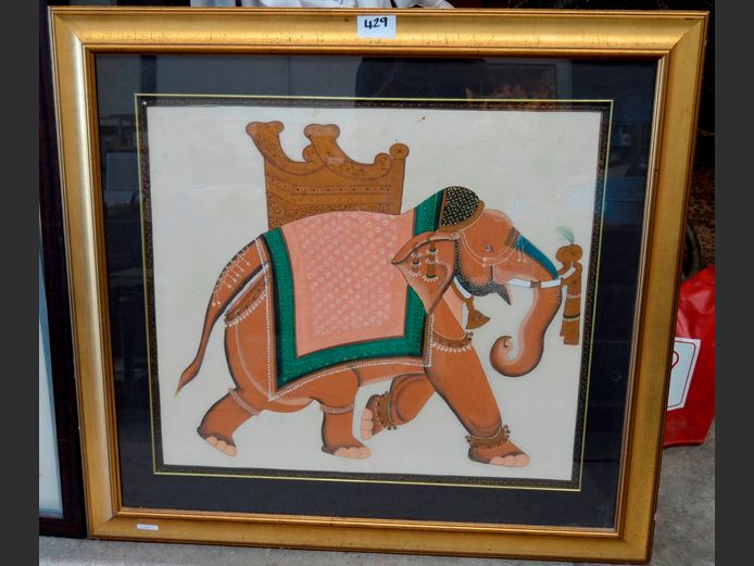 GILT FRAMED MIXED MEDIA ON FABRIC "ELEPHANT", 85 x 75cm