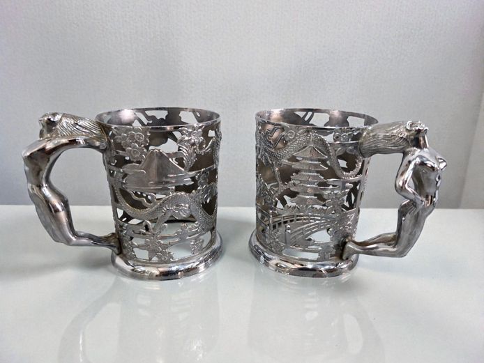 Japanese Taisho White Metal Dragon Cup Holders 