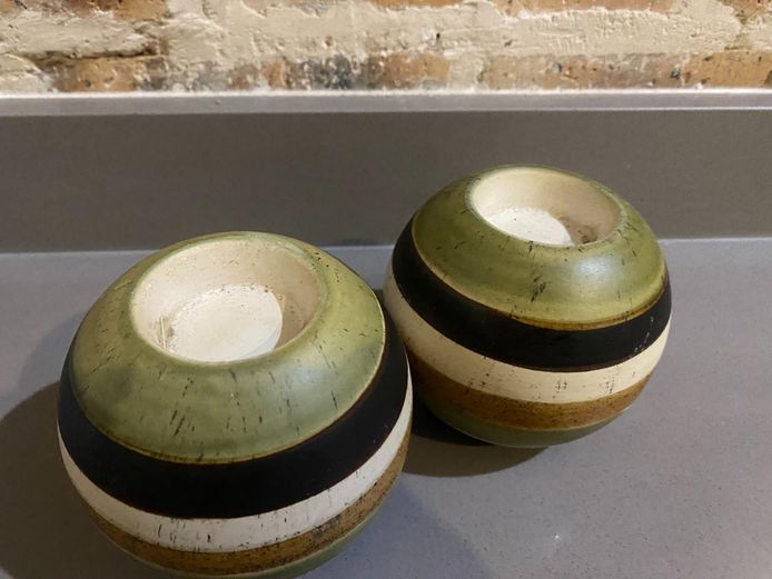 Pair of Striped Ceramic Ball Candle Holders