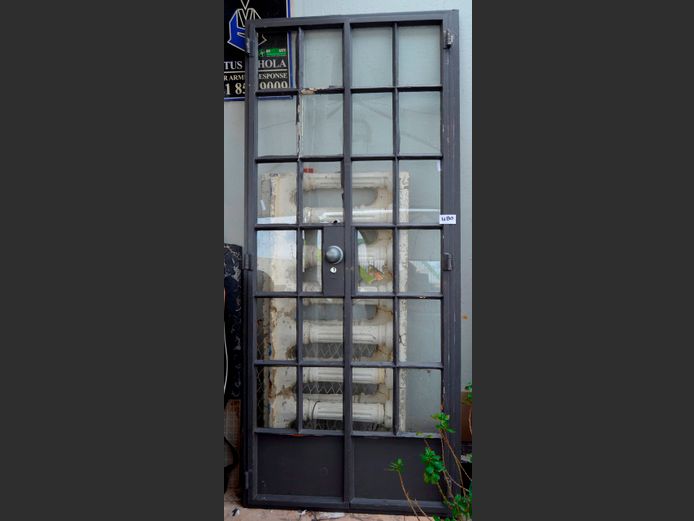 STEEL FRENCH DOOR WITH FRAME, 214 x 93cm [2 Glass panels damaged]