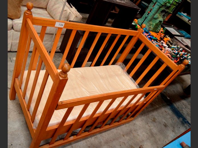 TEAK COT WITH MATTRESS, 120 x 60 x 93cm