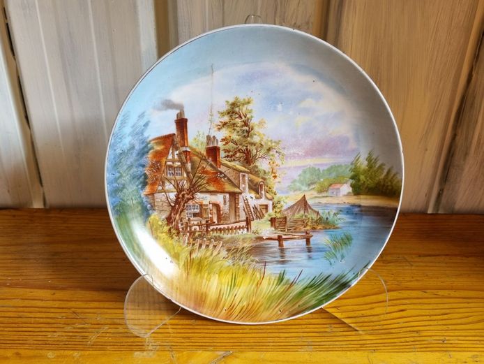 Vintage English Bone China Cabinet Plate: "Rural Cottage by the River"