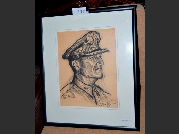 FRAMED CHARCOAL "SGT. E.S. KIRKBAM" SIGNED MACARTHUR, 38 x29cm