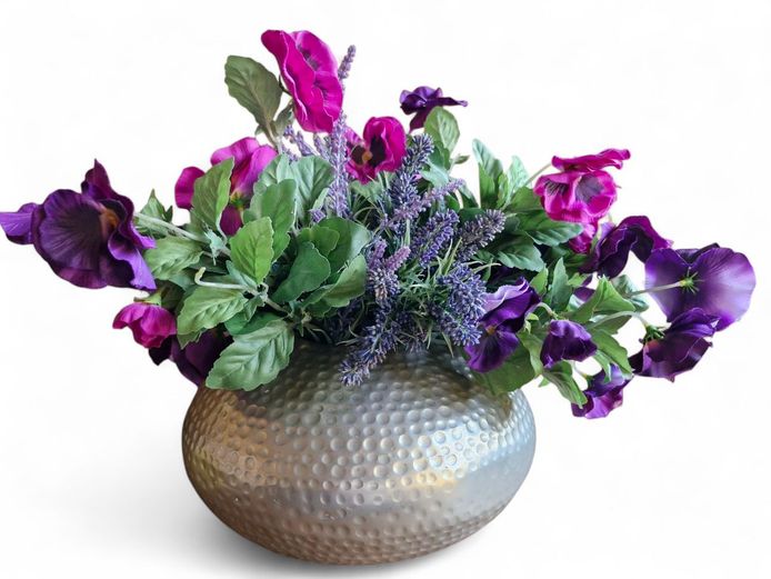 Hammered Metal Planter with Artificial Flowers