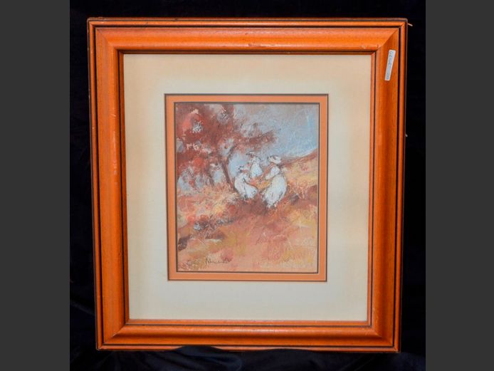 FRAMED MIXED MEDIA ON PAPER "FIGURES IN FIELD", 26 x 21.5cm