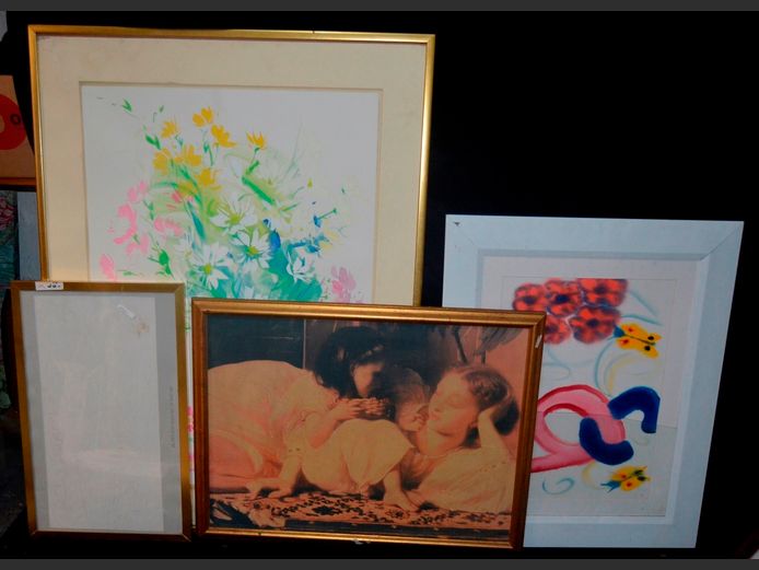 FRAMED WATERCOLOUR "FLOWERS", FRAMED PRINT "MOTHER & CHILD", etc