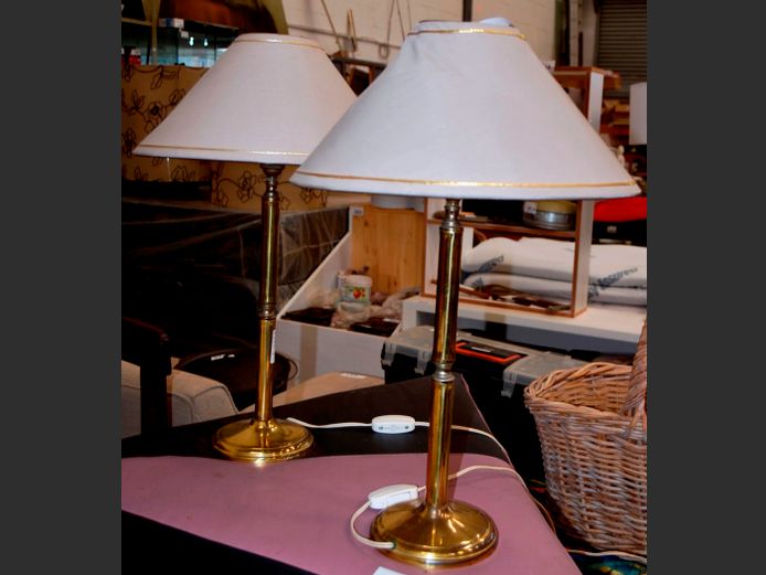 PAIR BRASS LAMPS WITH SHADES, 55cm High