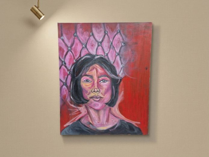 Contemporary Expressive Portrait of a Woman against Tufted Backdrop, Acrylic on Canvas