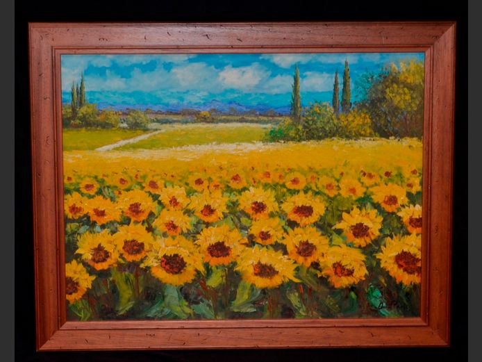 FRAMED OIL ON BOARD "FIELD OF SUNFLOWERS" SIGNED PAULLO, 72 x 54cm