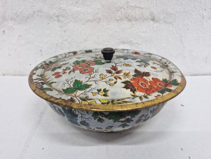 Vintage Floral Tin Metal Lidded Vegetable Bowl