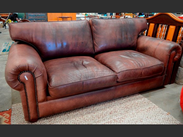 BROWN LEATHER 2-SEATER COUCH, 220 x 100cm [Needs some polish]