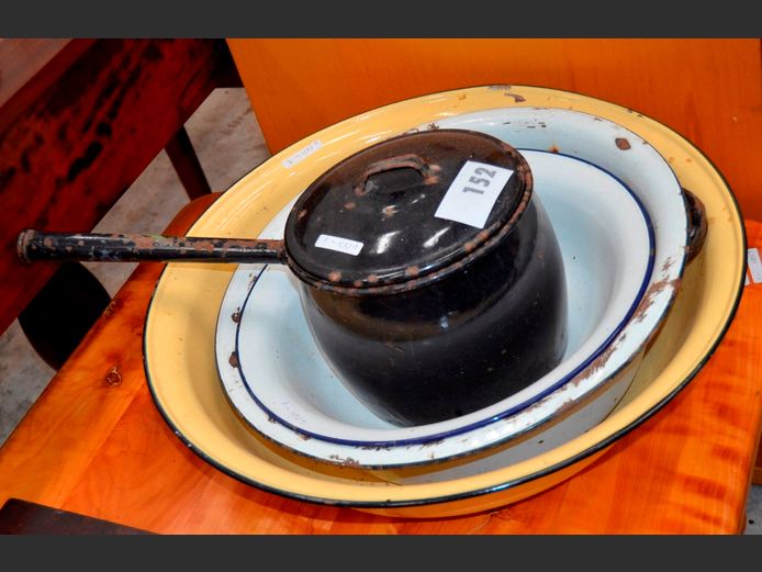 VINTAGE ENAMEL: BASINS & POT WITH LID
