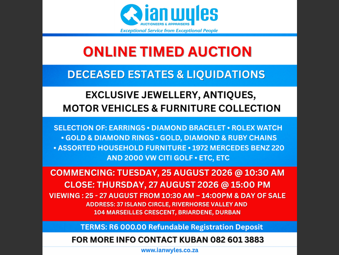 ONLINE TIMED AUCTION - EXCLUSIVE JEWELLERY, ANTIQUES, MOTOR VEHICLES & FURNITURE COLLECTION