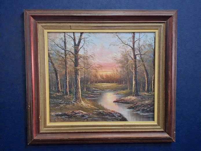 Framed Landscape River Sunset Painting