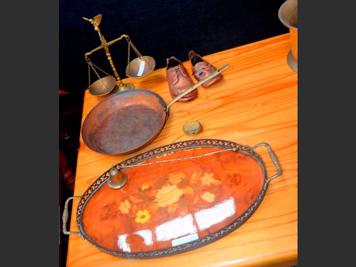 BRASS SCALE, BRASS INLAID TRAY, etc