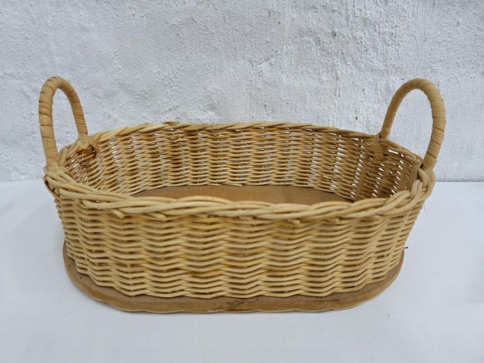 Oval Woven Wicker Basket Tray with Handles and Solid Base