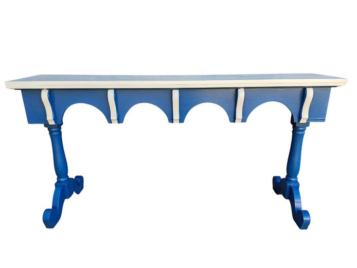 Vintage-Style Hand-Painted Blue & White Arched Console Table