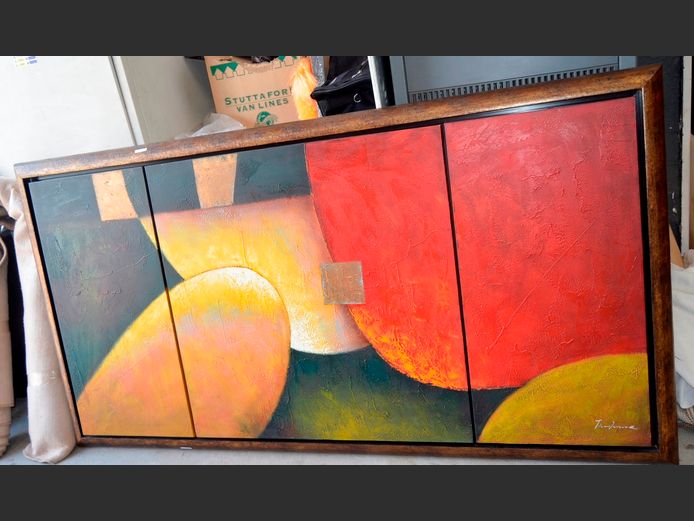 FRAMED ABSTRACT TRIPTYCH ON CANVAS, 202 x 100cm