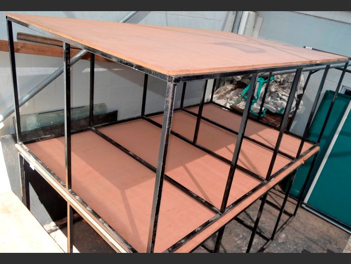 BLACK METAL WORK TABLE WITH WOODEN TOP, 250 x 155 x 99cm