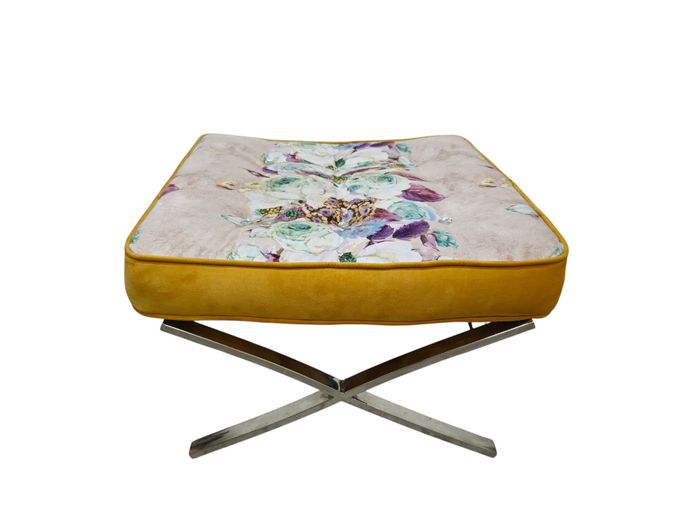 Contemporary Floral Patterned Velvet Ottoman with Chrome X-Frame Base