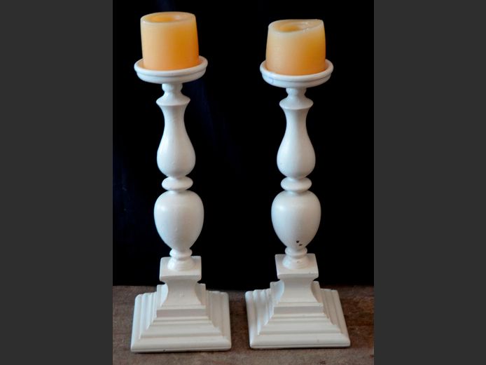 PAIR WHITE WOODEN CANDLE STANDS, 55cm High