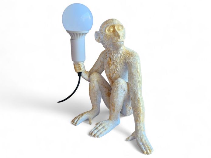 Sitting Monkey White & Gold Resin Table Lamp