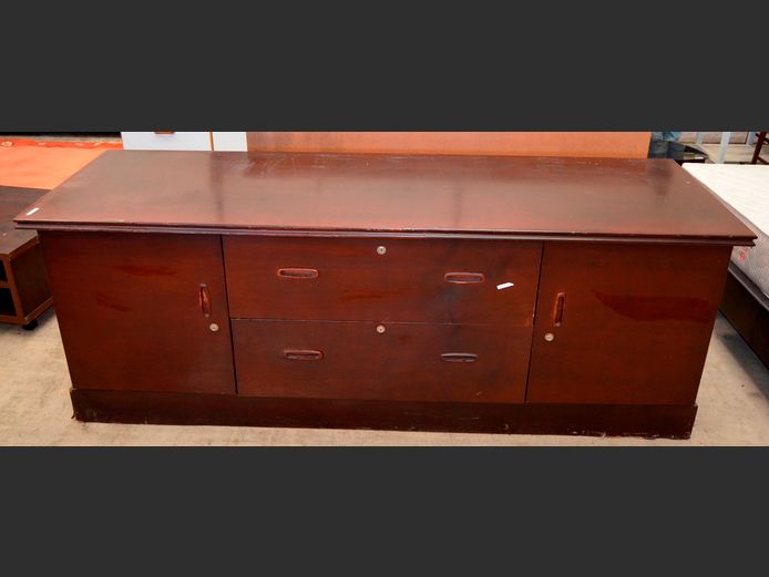 MAHOGANY FOIL 3-DOOR, 3-DRAWER OFFICE CABINET, 203 x 63 x 74cm [#: 419103198]