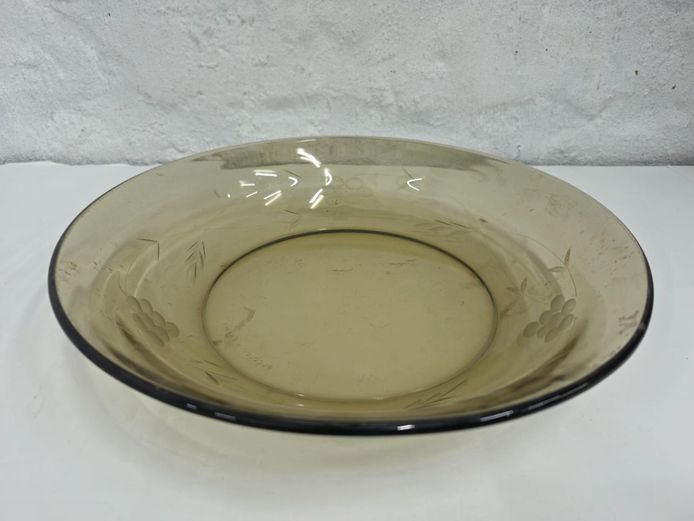 Vintage Amber Smoked Glass Etched Floral Serving Bowl