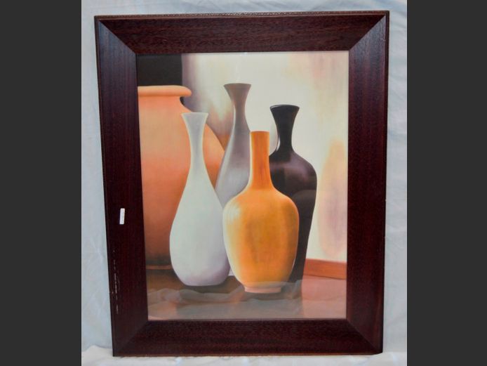 MAHOGANY FRAMED OIL ON CANVAS "VASES", 79 x 59cm