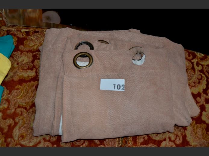 PAIR TAUPE EYELET CURTAINS [Ring to 1 drop needed]