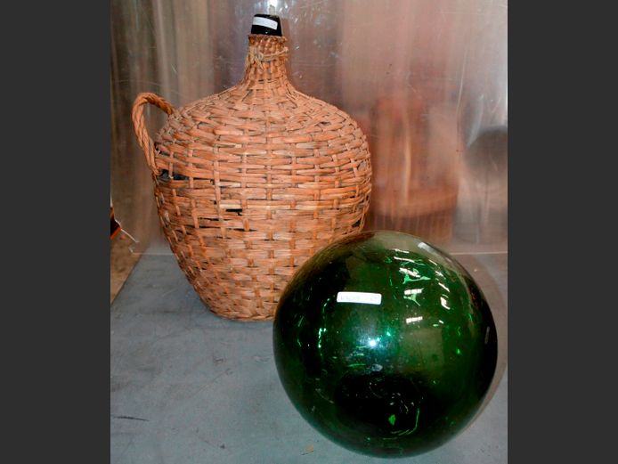VINTAGE WICKER COVERED DEMIJOHN & GLASS BUOY, 50cm High & 26cm High [Repairs done]