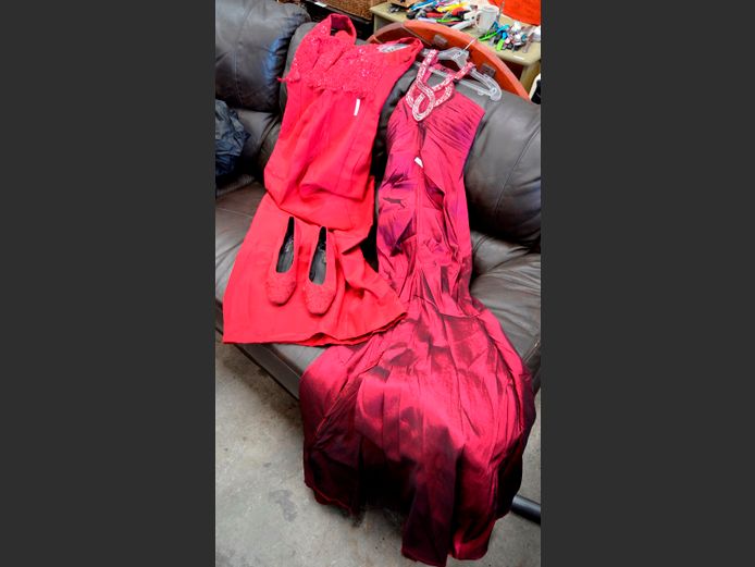 LOT: 2 x BURGUNDY EVENING DRESSES & PAIR SHOES