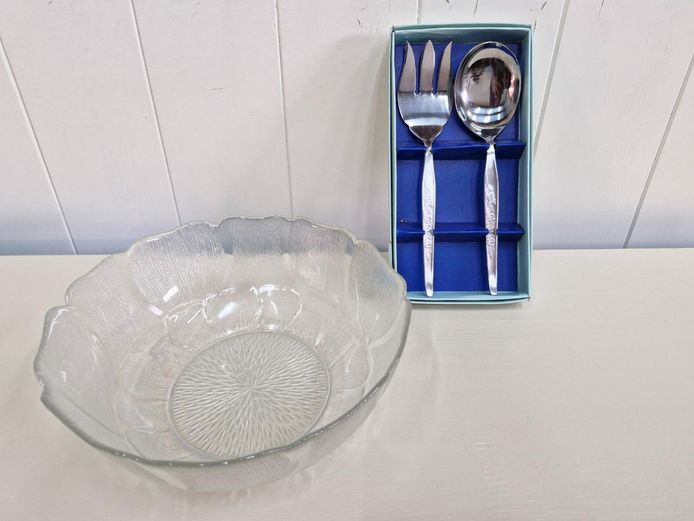 Textured Glass Bowl with Boxed Stainless Steel Fork & Spoon Set
