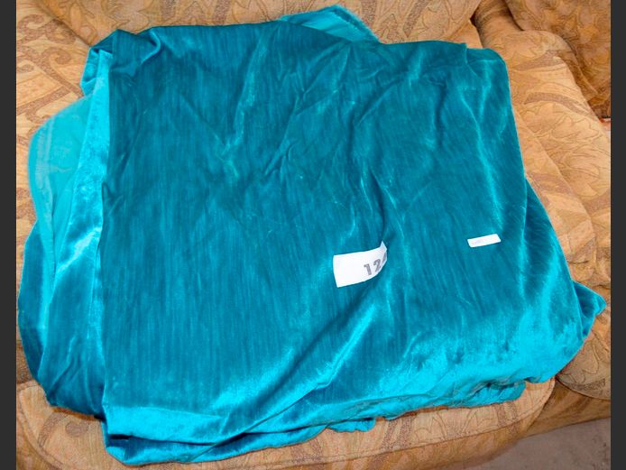 PAIR TEAL VELVET CURTAINS