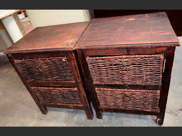 PAIR DARK STAINED PINE 2 WICKER DRAWER PEDESTALS, 45 x 38 x 59cm [Needs TLC]