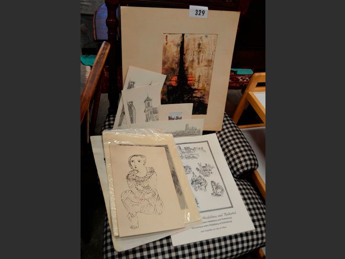 ASSORTED UNFRAMED OILS ON PAPER, LITHOGRAPHS, etc