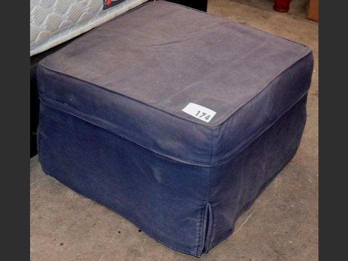 BLUE UPHOLSTERED OTTOMAN, 56 x 56 x 40cm [Needs a good clean]