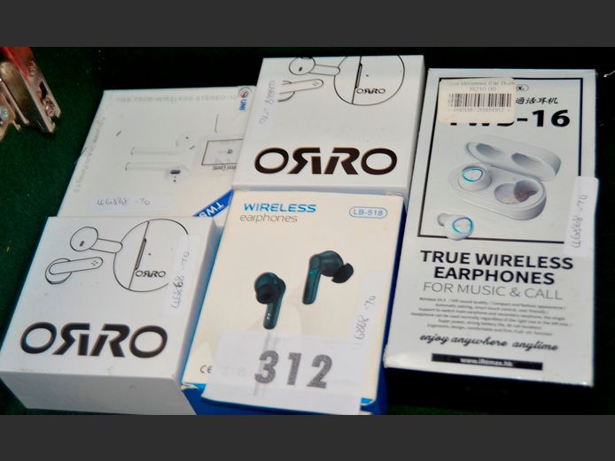 LOT OF 5 BLUETOOTH EARPHONES: 2 x ORRO & 3 x OTHERS [Untested]