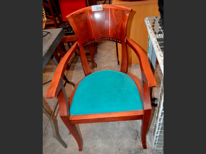 MAHOGANY ARMCHAIR WITH UPHOLSTERED SEAT [Arms in need of repairs]