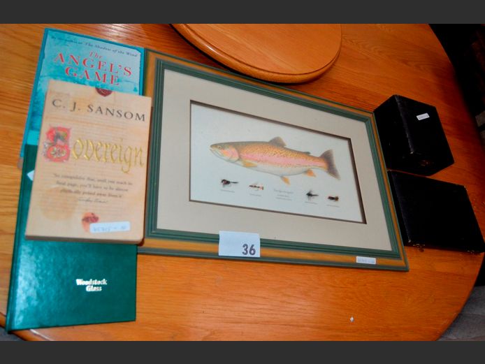CUTLERY CASES, BOOKS & A FRAMED FISH PRINT, 35 x 18cm