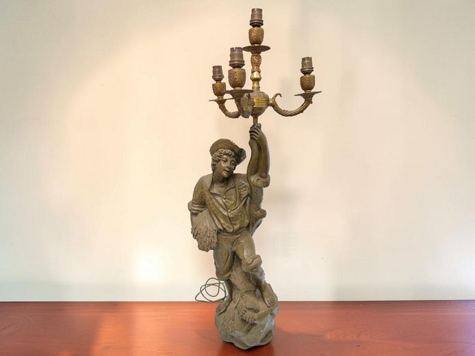 Tall Vintage Brass and Resin Figural Harvest Boy Candelabra Lamp (85cm)