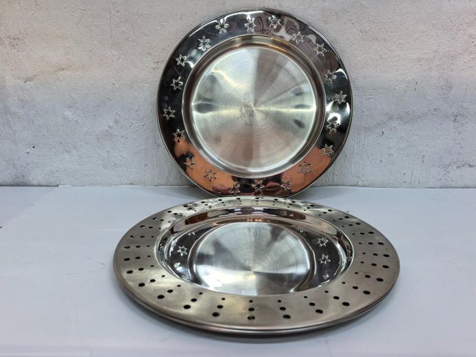 Set of 2 Polished Stainless Steel Patterned Rims Charger Trays 